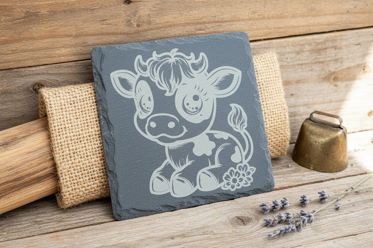 Engraved Slate Coaster with Cute Cow Design