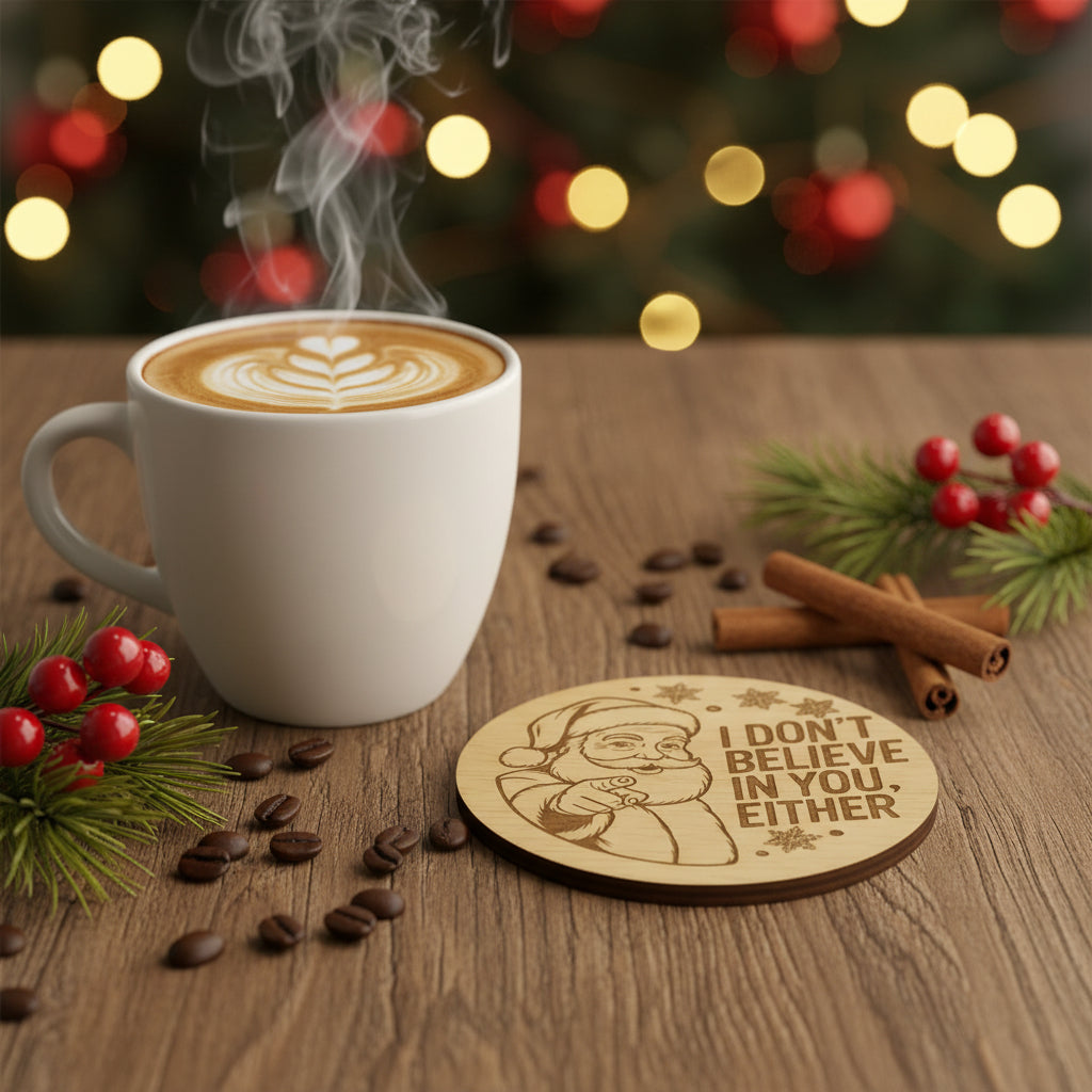 Funny Wooden Santa Coaster - 'I Don't Believe in You Either'