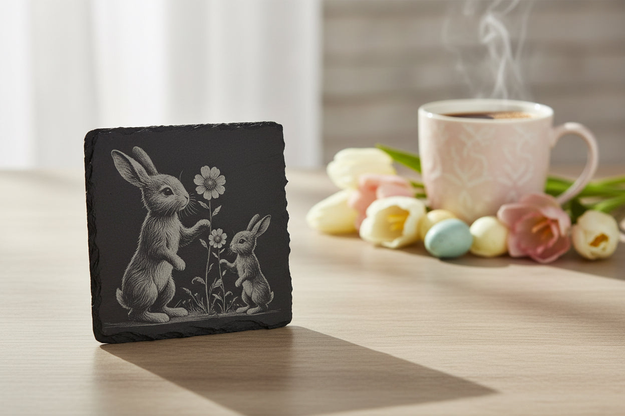 Engraved Slate Plaque with Rabbits