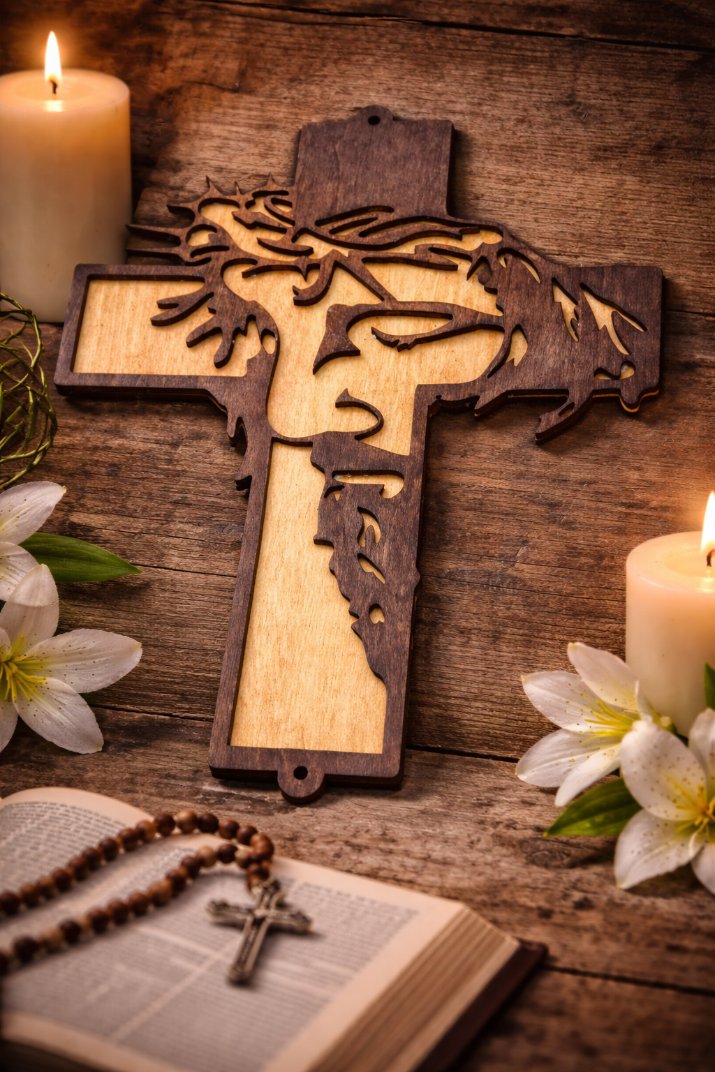 Layered Jesus Profile Cross Wall Decor (Basswood, Dual-Stain) | Christian Wall Art | 9.75” x 6.75”
