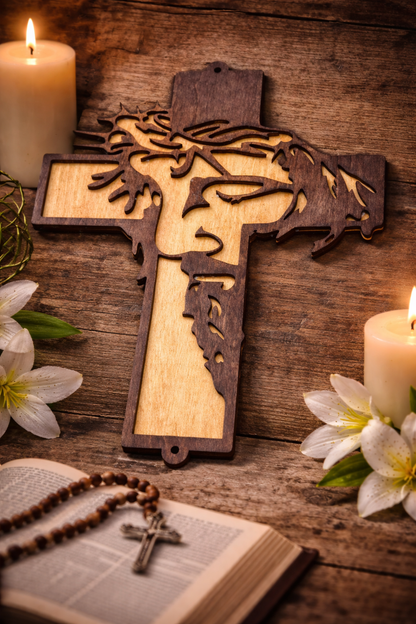 Layered Jesus Profile Cross Wall Decor (Basswood, Dual-Stain) | Christian Wall Art | 9.75” x 6.75”