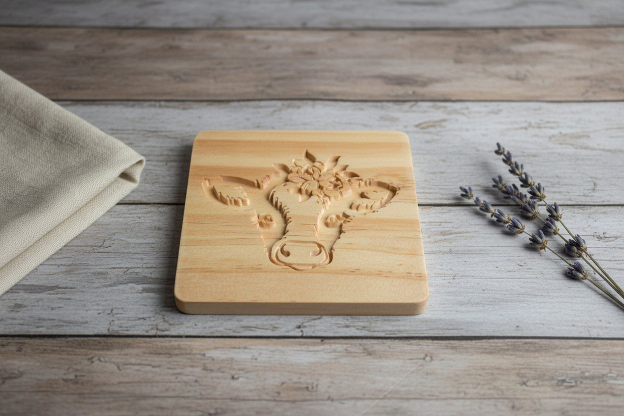 Engraved Wooden Cow Coaster