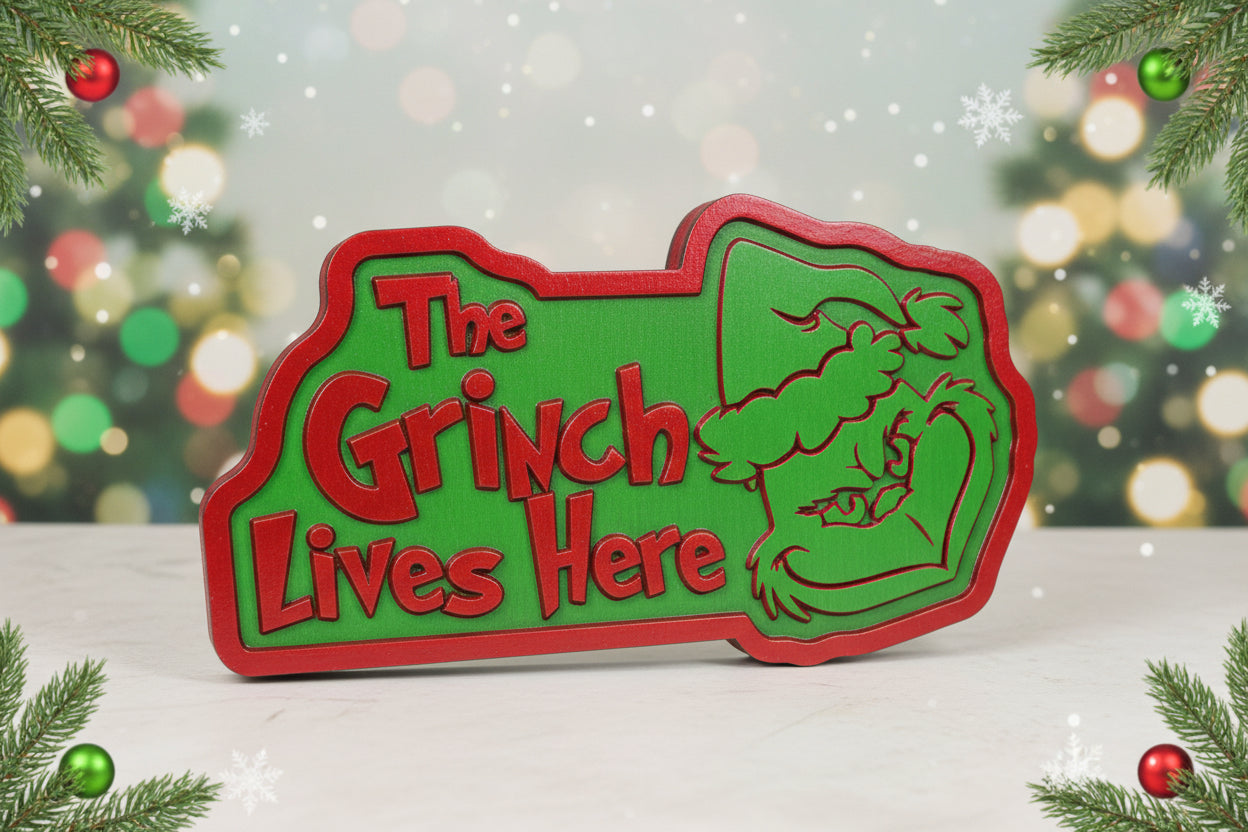 The Grinch Lives Here Wooden Sign